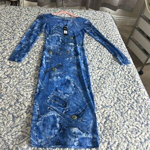 Fashion Nova Delilah Denim Print Mesh Midi Dress